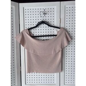 Zara Knit Women's Lg Beige Ruffle Boat Neck Cap Sleeve Cropped Sweater